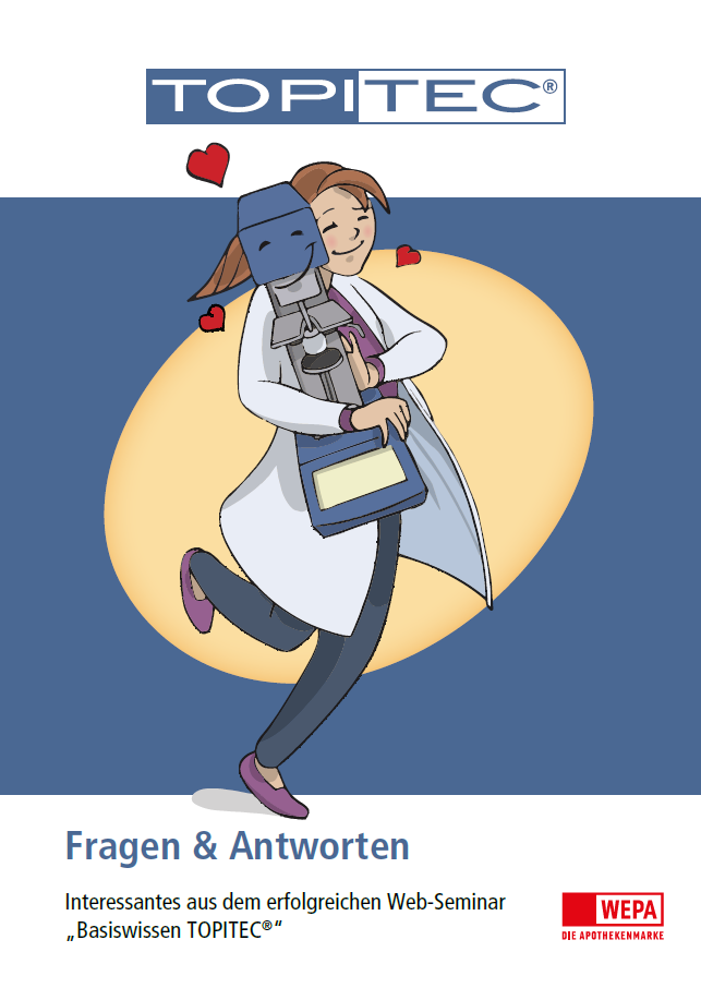 Eine Comic-Zeichnung einer Apothekerin, die den Topitec in der Hand hält und ihn umarmt. Um sie herum sind Herzen.